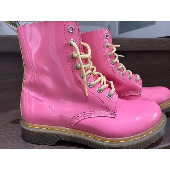 Rare Dr. Martens 1460 W bubble gum pink yellow Patent Lamper Boots Size 7L - Picture 4 of 16